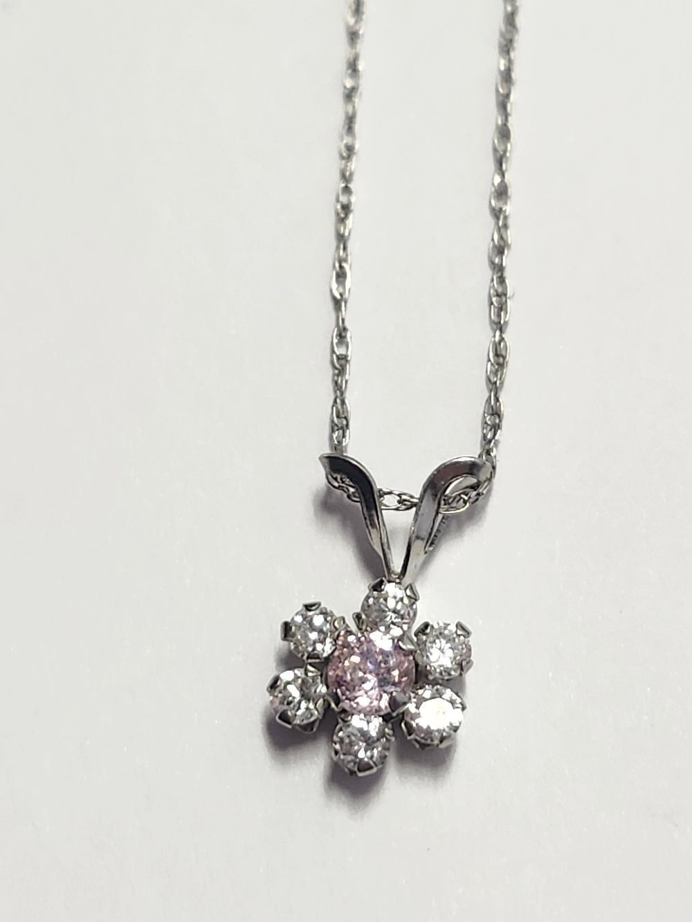 10K White Gold Pendant Delicate Pink Center Flower On 12.5" 10K Chain Necklace